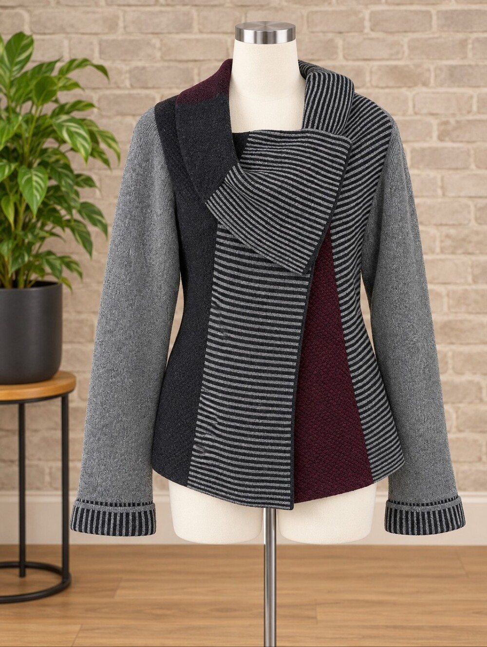 NWOT A.ida Italian Wool Blend Gray & Burgundy Shawl Collar Sweater Sz.M
